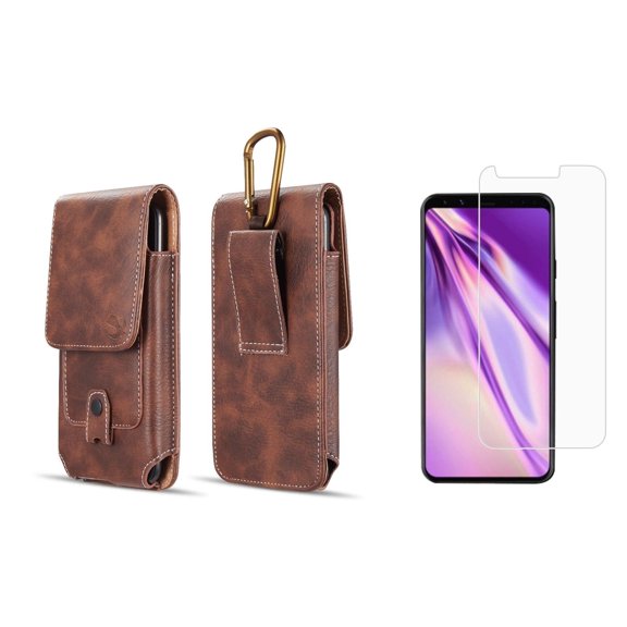 Luxmo Vertical Belt Holster Carrying Case with Card Slots (Brown) for Google Pixel 4 with Tempered Glass Screen Protector and Atom Cloth