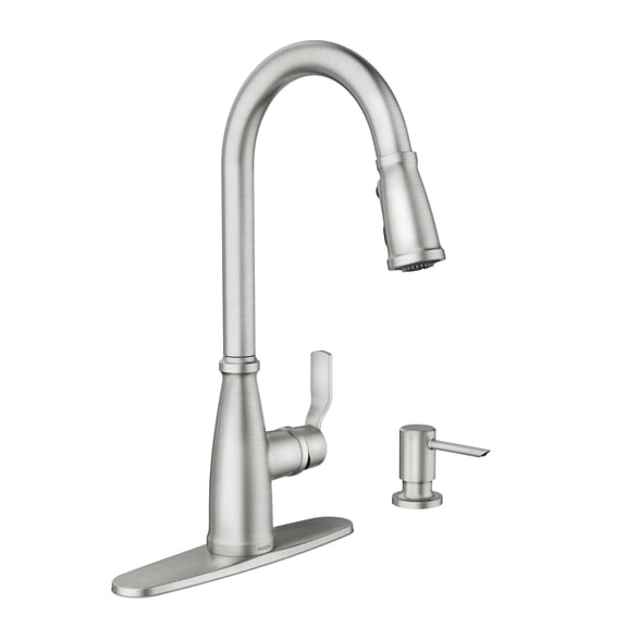 Moen Nolia Stainless Kitchen Faucet with Soap Dispenser, Pull Down Sprayer with Power Boost, Transitional High Arc Kitchen Faucet, One-Handle Easy Installation, Spot Resist Finish