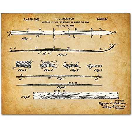 Skis Art - 11x14 Unframed Skiing Patent Print - Great Gift for Skiers, Ski Lodge, Ski Cabin or Mountain Home