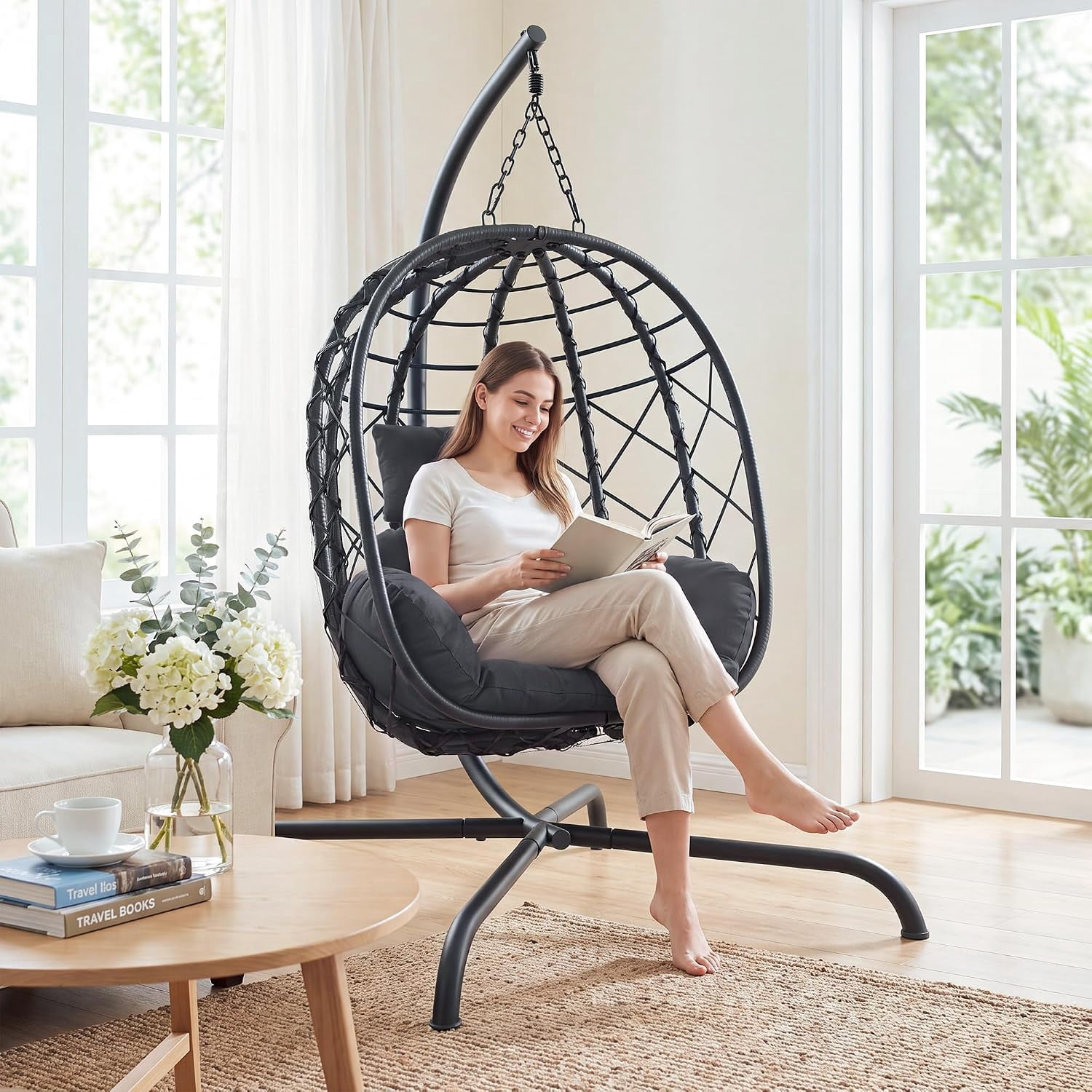 CHINNLUU Hanging Egg Chair with Stand, Outdoor Indoor Wicker Swing Chair with Cushions, 350lbs Capacity Patio Hammock Chair for Backyard, Balcony, Dark Gray