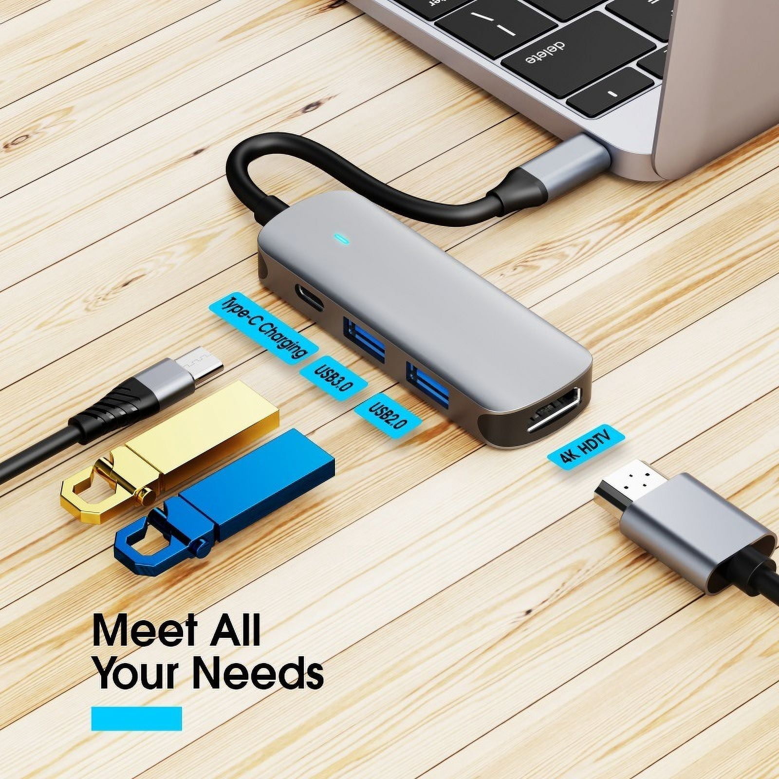 4 in 1 Led USB C Hub Dock Type C to Compatible USB 3.0 Splitter