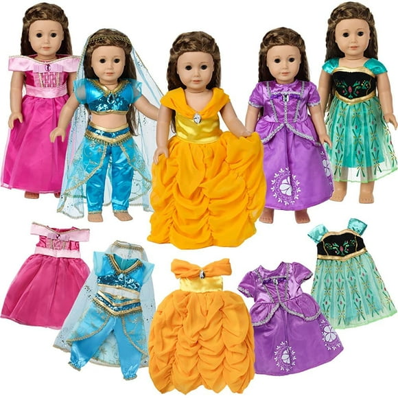 HHHC Doll-Clothes-Accessories for 18-Inch American-Girl Doll - 5 Pc Princess-Dresses Set Includes Belle, Anna, Jasmine, Rapunzel and HHHC