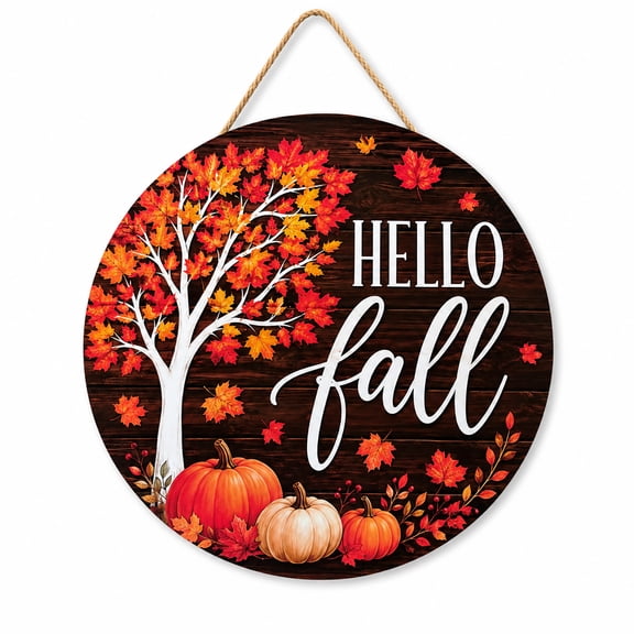 Hello Fall Door Sign, 12x12 Inch Autumn Maple Leaf Wood Hanging Decor, Farmhouse Front Door Wreath for Fall Thanksgiving Home Porch