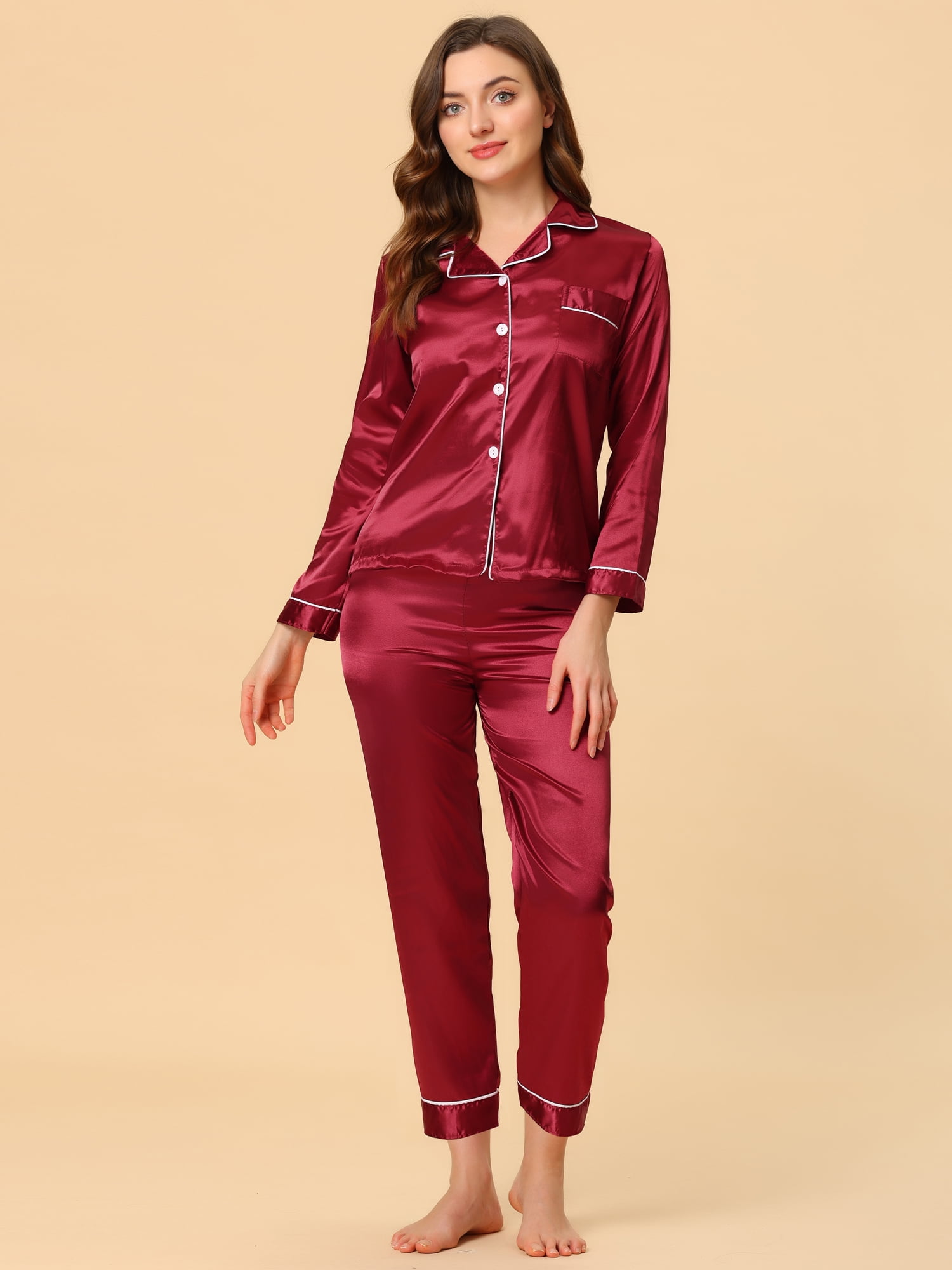 Unique Bargains Women's Satin 2pc Loungewear Button Down Silky Pajama Sleepwear Sets