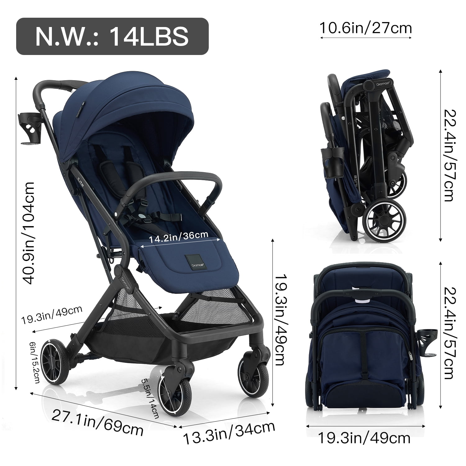 Gromast Compact Fold Baby Stroller, Lightweight Travel Toddler Stroller with One-Click Fold, Extendable UPF50+ Canopy, Cup Holder, UV Protected and Waterproof, One-Hand Folding - Blue