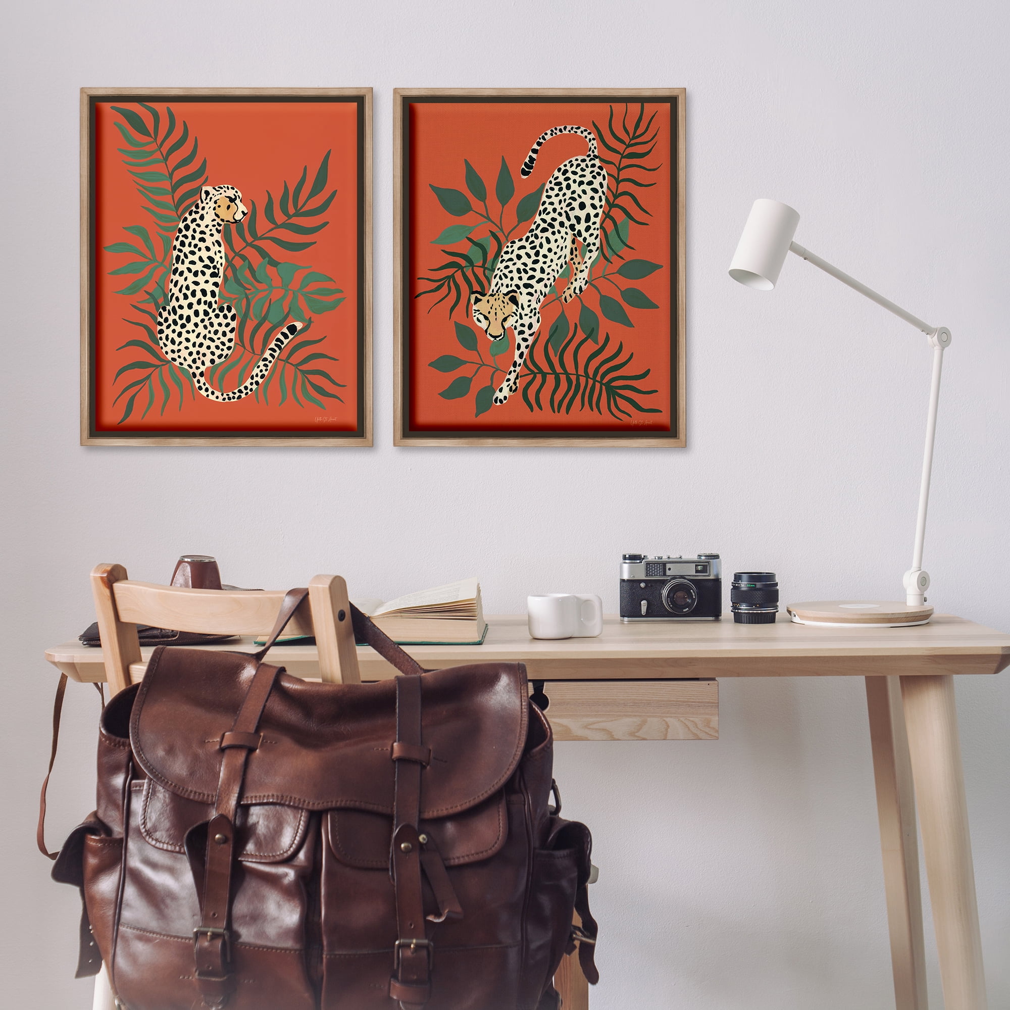 Stupell Industries Sitting Cheetah Prowling Jungle Animals Painting Brown Floater Framed Canvas Art Print Wall Art, 31 x 25, Set of 2