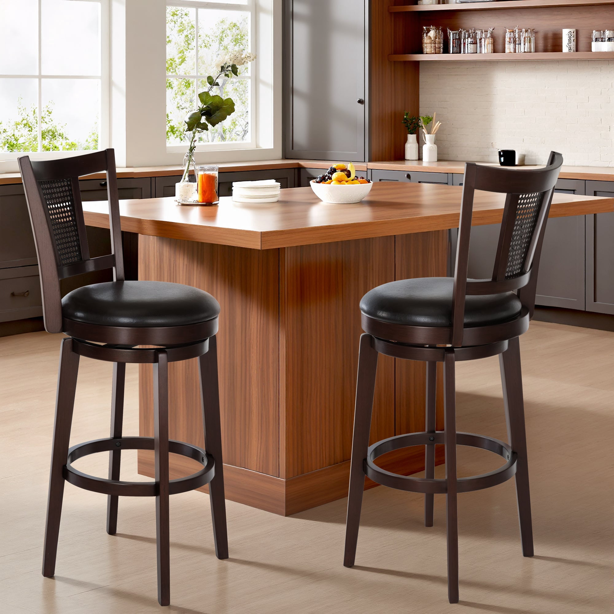 Sophia & William 30" Swivel Bar Stools Set of 2, Faux Leather Swivel Counter Height Stools with Curved Mesh Back for Kitchen Island, Black