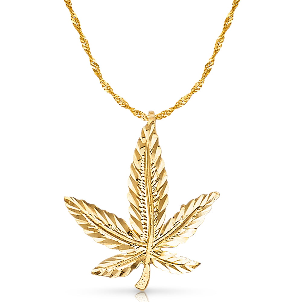 14K Yellow Gold Marijuana Leaf Charm Pendant with 1.2mm Singapore Chain Necklace