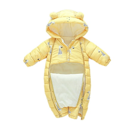 

Paille Baby Thicken Double Zipper Hooded Jumpsuit Down Party Fleece Romper Buttons Travel Puffer Jumpsuits Winter Outwear Outfits Yellow 80cm