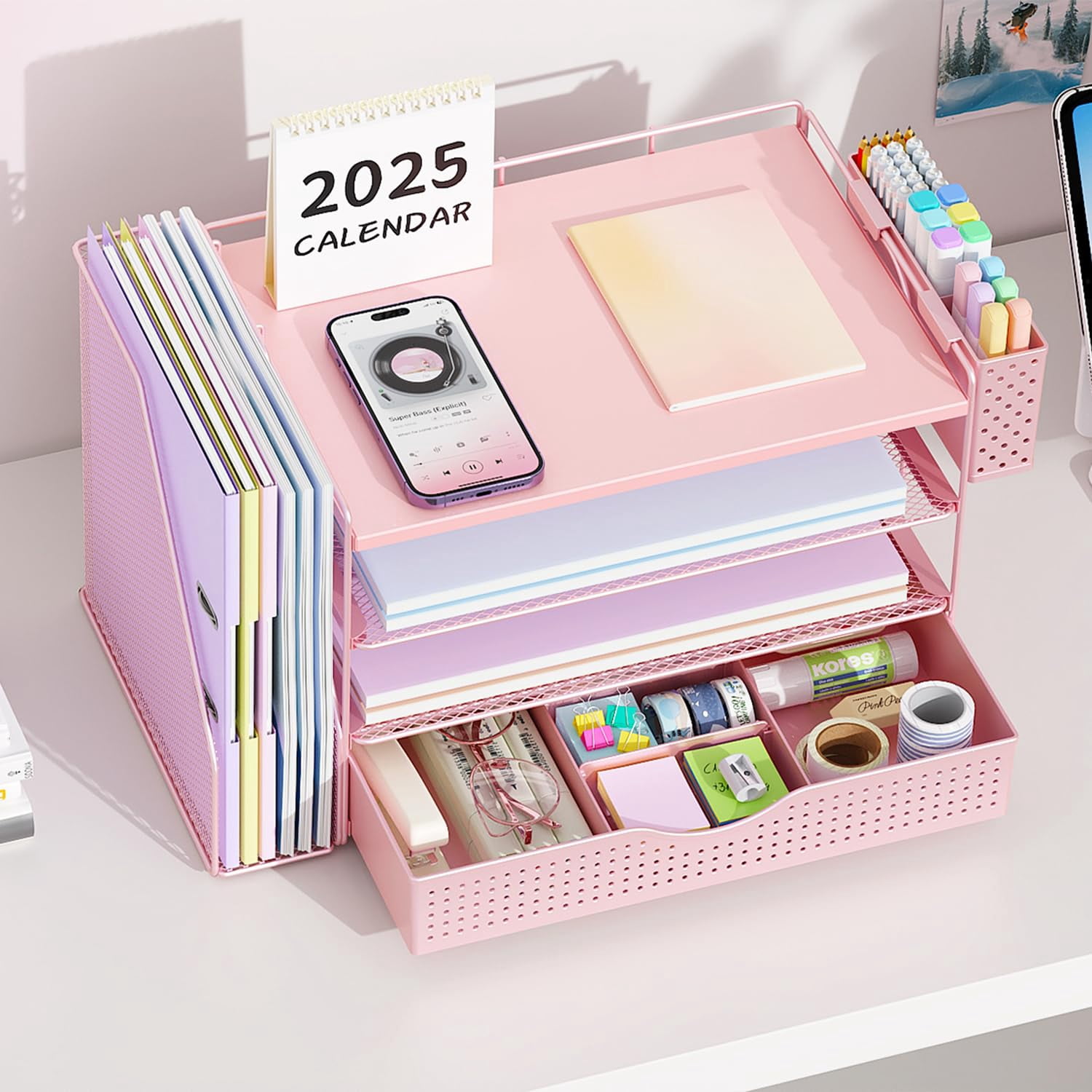 Wood Desk Organizers And Accessories With File Holder  4-tier & Workspace Drawer Pen Paper Organizer For Office Supplies (pink)