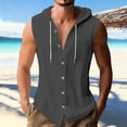 thumbnail image 2 of sckarle Men Linen Sleeveless Button Down Shirt with Hood Summer Casual Beach Tank Tops Lightweight Fashion Hoodies with Pockets Dark Gray,M, 2 of 7