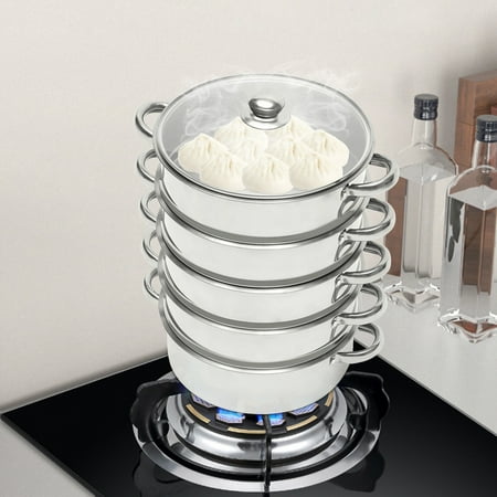 

Miumaeov 5 Tiers 26cm Stainless Steel Steamer Meat Vegetable Cooking Steam Pot Kitchen Tool Food Cookware with Glass Lid