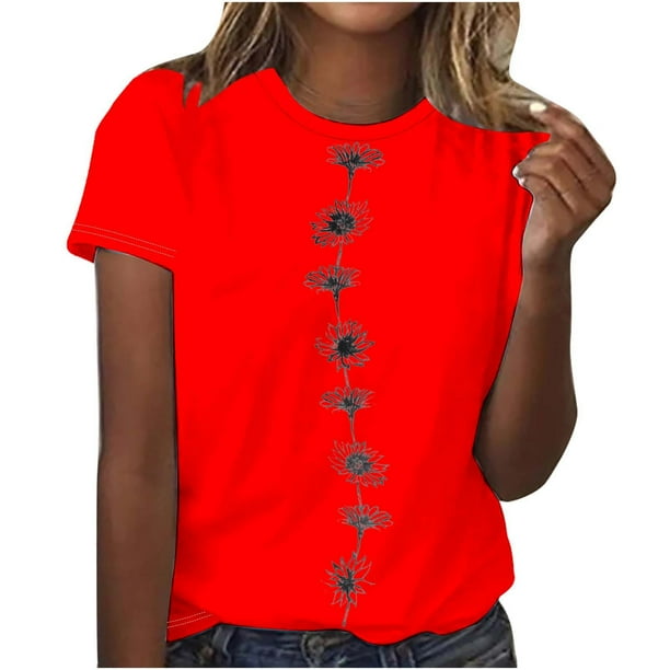Camiseta de Manga Corta Impresa de Cuello Redondo Casual para Mujeres, 95% Poliéster 5% Elastano Top Ligero para Diario, Fiesta Y Uso