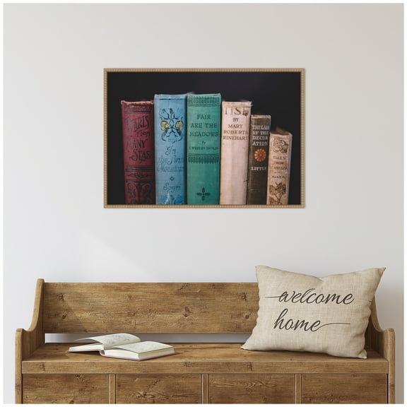 Kate and Laurel Vintage Classic Books Framed Canvas Wall Art  by Patricia Rae 33 x 23 Sylvie Beaded Rustic Natural, Vintage, Still Life, Entertainment Art for Wall Decor, Living Room Bedroom