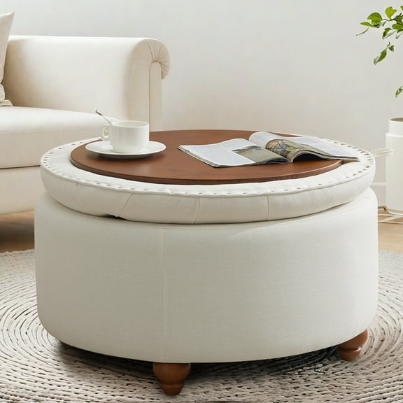 30'' Round Ottoman with Storage, Modern Tufted Storage Ottoman with Removable Top for Living Room, Bedroom, Beige