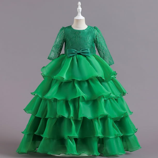 Vestido de fiesta de Navidad para niñas Vestido de ponchia de encaje grande para niñas Vestido de actuación para anfitriona de niña de las flores