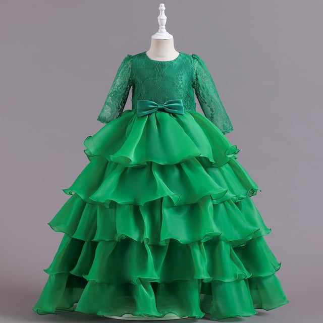 Vestido de fiesta de Navidad para niñas Vestido de ponchia de encaje grande para niñas Vestido de actuación para anfitriona de niña de las flores