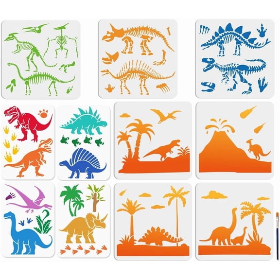 11Pcs Primitive Dinosaur Stencils Dinosaur Fossil Painting Stencil 11.8×11.8/11.7×8.3inch Reusable Drawing Template with Paint Brush for DIY handcrafting