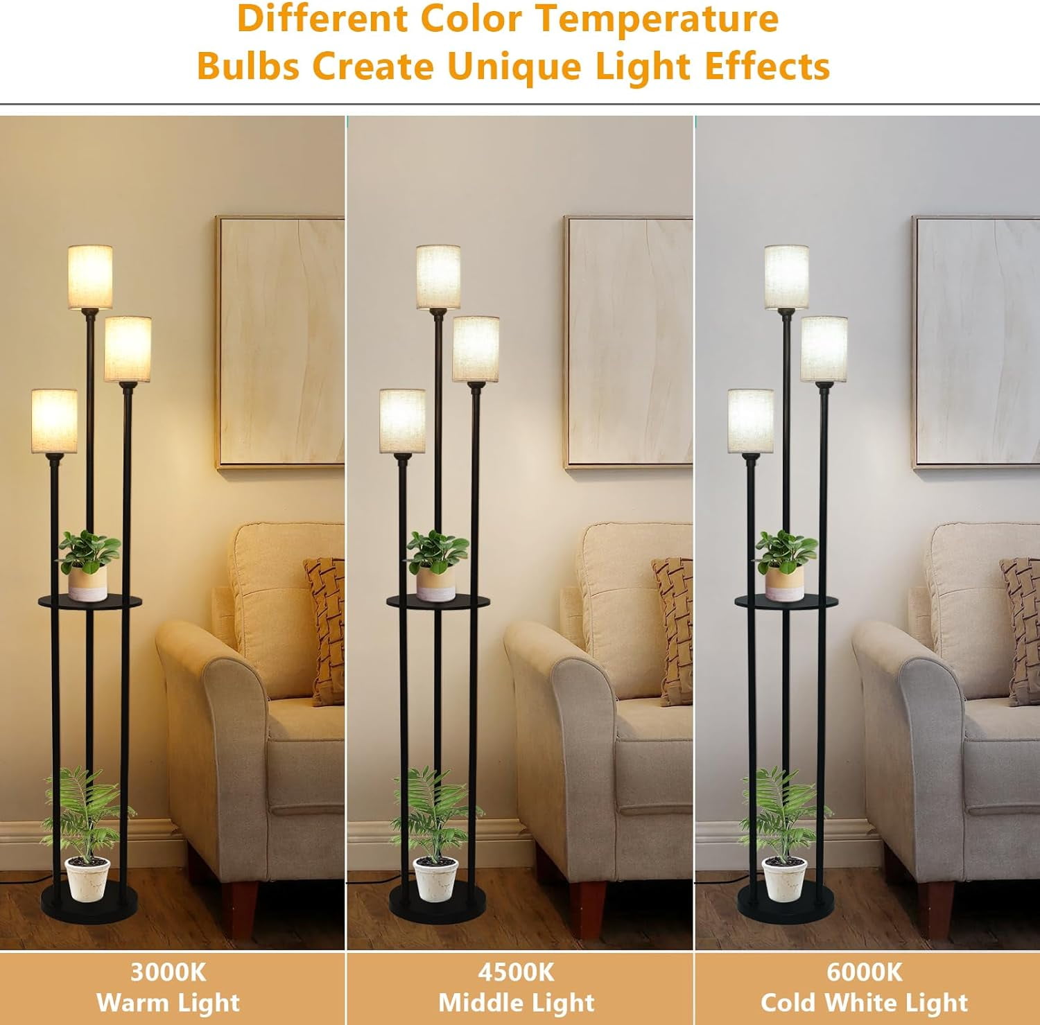 Lighting Fixtures Floor Lamp with Shelves, Modern Floor Lamps for Living Room, 3-Lights Standing Lamp with Linen Shade and Foot Switch, Industrial Standing Lamps for Bedroom, Black Tall Table Lamp fo