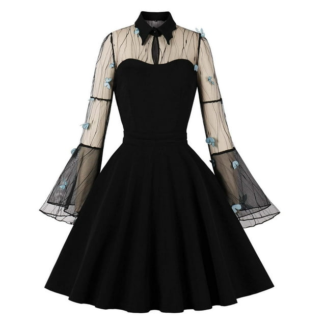 TopLLC Costume d'Halloween pour Femmes Robe Vintage Brodée en Gaze Manches Trompette Patchwork Robe Gothique Renaissance Robe Steampunk Médiévale