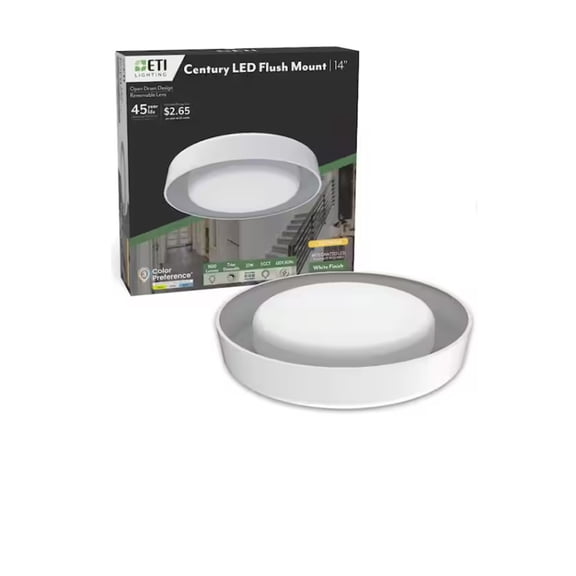 ETI 14in. Century White Modern Drum Shade Integrated LED Flush Mount Ceiling Light, 1600 Lumen, 3CCT Color Preference, C01171401A