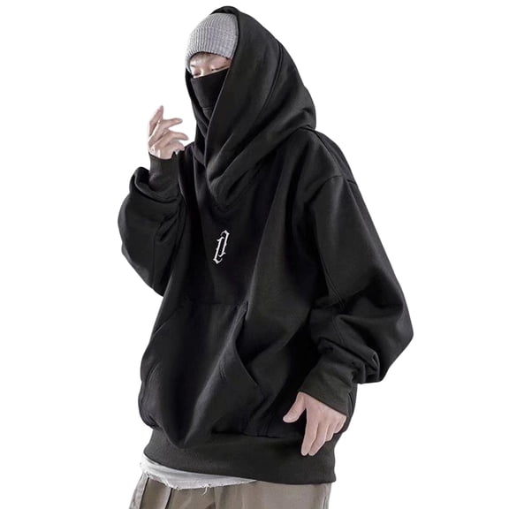 comerut Men Autumn Hoodie Solid Color Hooded Long Sleeves Oversized Hip Hop Warm High Collar High Street Winter Hoodie Men Clothing