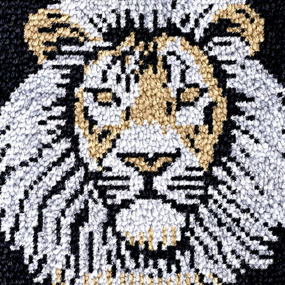 Black and White Lion Latch Hook Rug Kit for Adults Throw Rug Cover with Printed Canvas Crochet Yarn Needle Craft Easy DIY Handmade Cushion for Christmas Decoration 40x40cm
