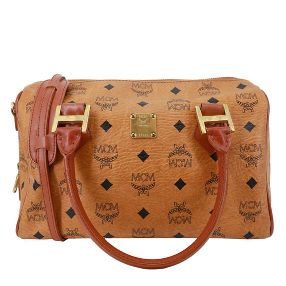 Pre-Owned MCM Heritage Monogram Visetos Canvas Boston Bag Cognac