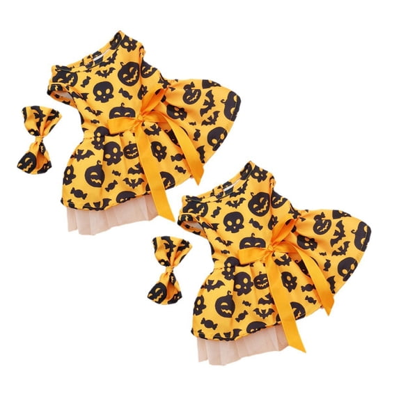 2Pcs Halloween Pumpkin Pet Dress,Cute Dog Cat Tutu Skirt With Bow Tie, Small Dog Princess Costume, Teddy Puppy Apparel, Spooky Party Outfit For Cats & Small Pets