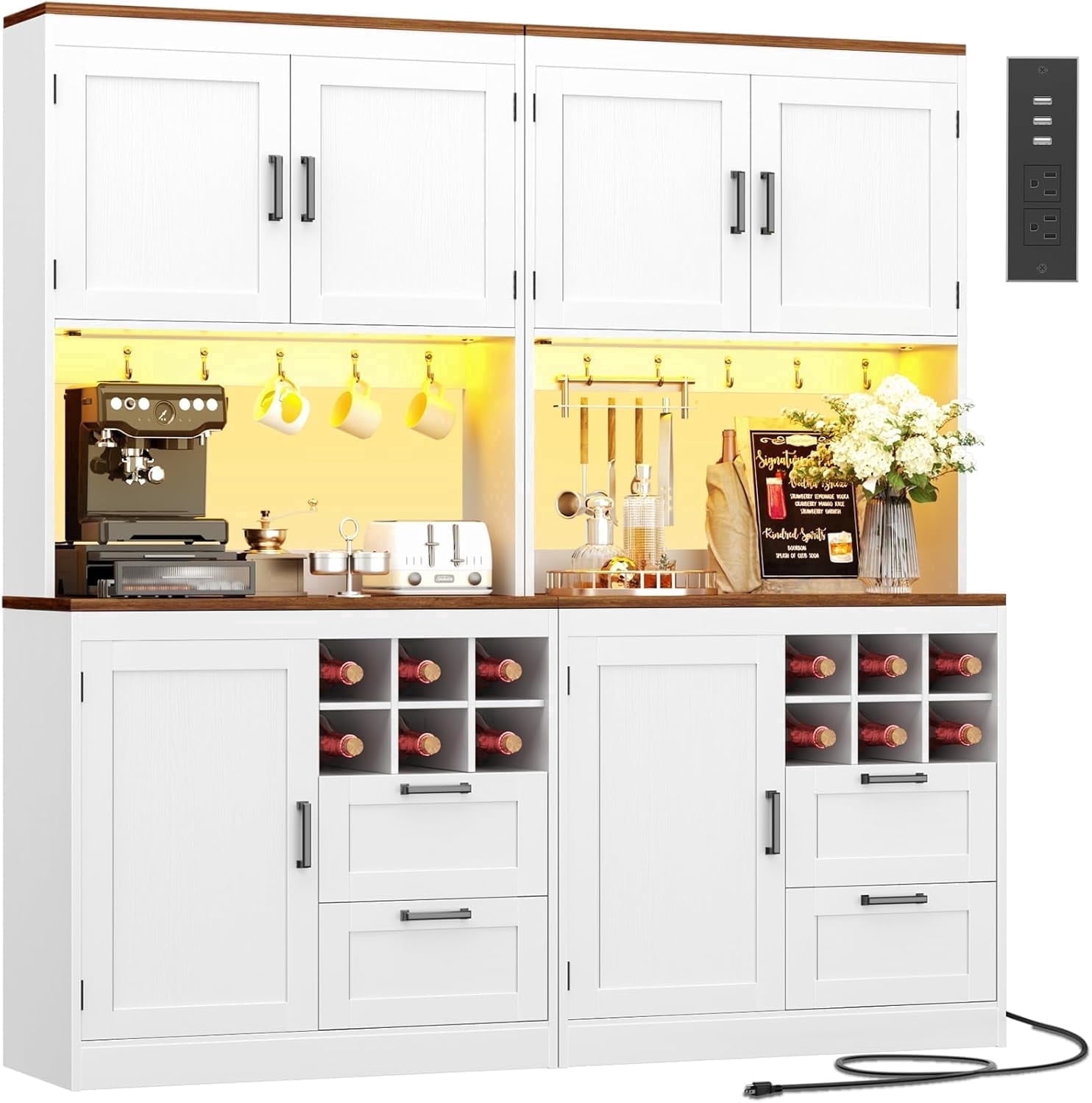 Homieasy 72'' Tall Pantry Cabinet with Outlet & LED Light, 63'' Wide Kitchen Hutch Bar with Microwave Stand, Drawers, Wine Rack & Shelves, Cupboard for Dining Room, White & Walnut