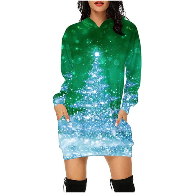 pstuiky Robes pour Filles, Mode Féminine Robe à Manches Longues à Capuche avec Poche Imprimée Fine Robes Formelles Économies d'Été