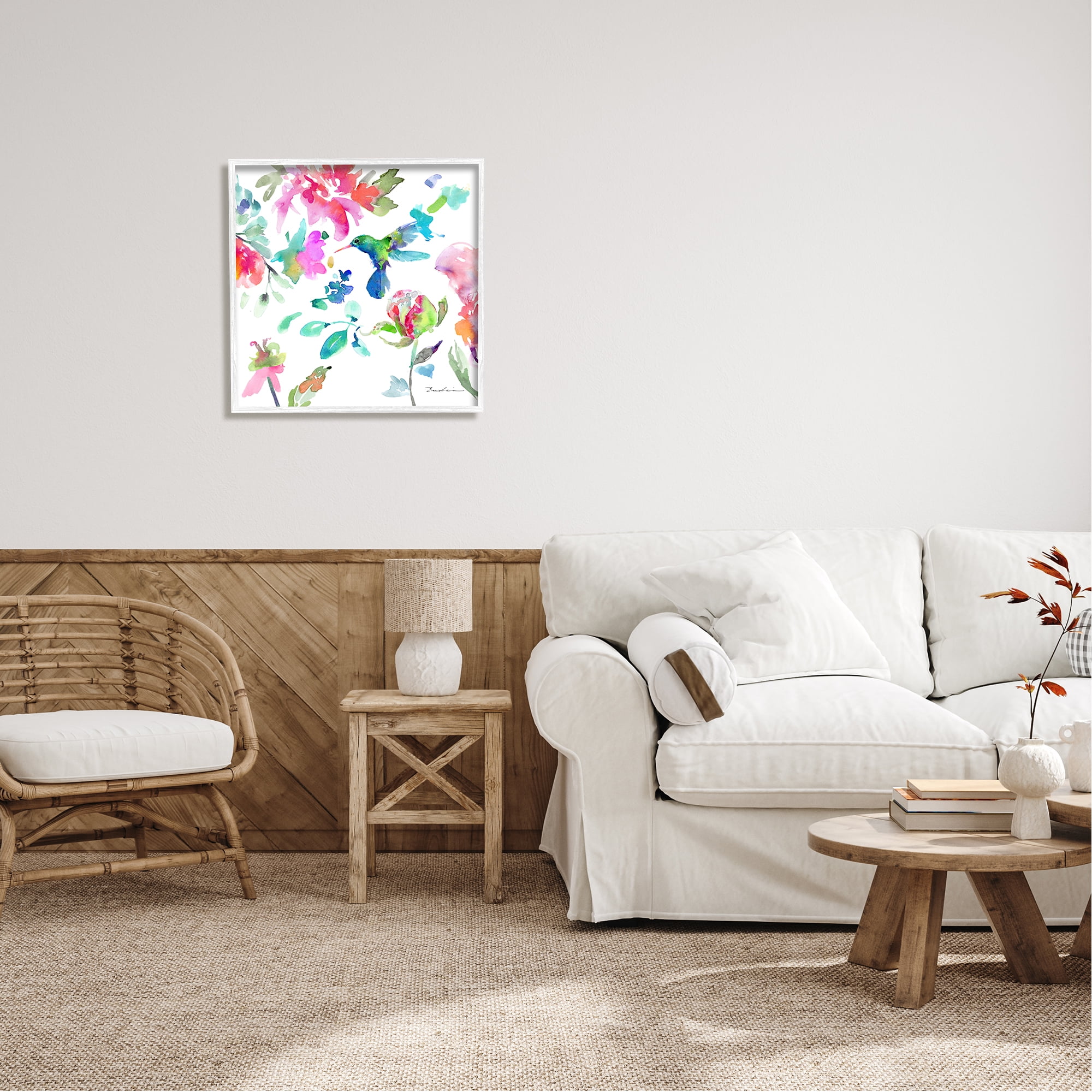 Stupell Hummingbird Vivid Tree Blossoms Animals & Insects Painting White Framed Art Print Wall Art