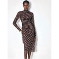 thumbnail image 6 of Brown Polka Dot High-Neck Ruched Long Sleeve Midi Dress, Elegant Fitted Design For Office Or Evening Wear, 6 of 7