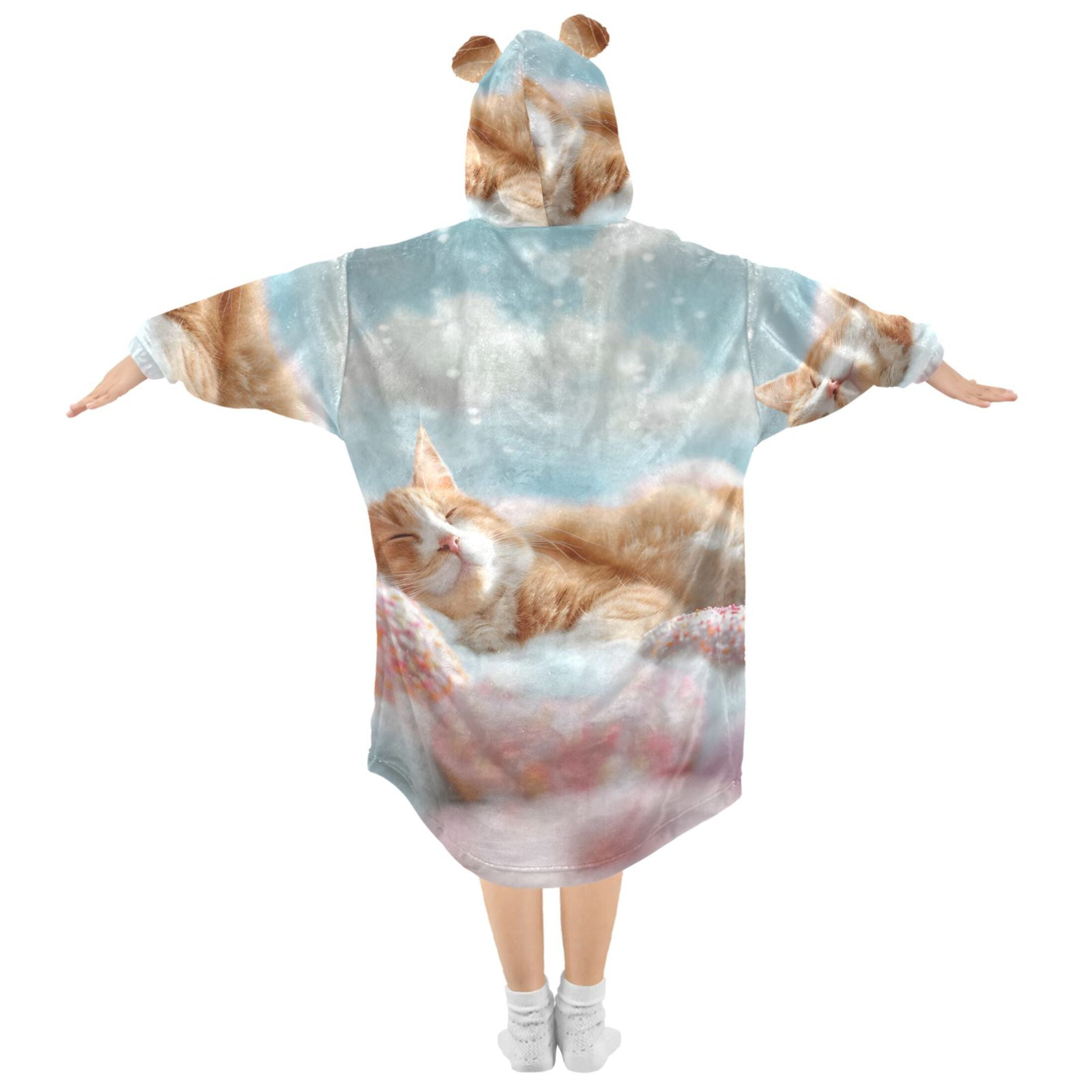 joogoo Wearable Blanket Hoodie for Kids Cute Cat Sleeping with Donuts Flannel Oversized Sweatshirt 3-14 Years M