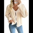 thumbnail image 1 of Suéter Tipo Cárdigan con Lazo para Mujer, Larga, Ribete en Contraste, Tejido Holgado, Cuello en V, Otoño e Invierno. Caqui L, 1 of 10