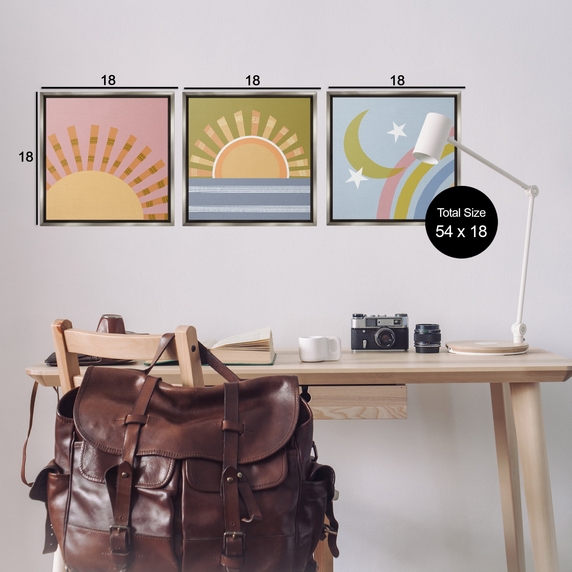 Stupell Industries Rising Sun & Moon Landscape & Nature Painting Gray Floater Framed Canvas Art Print Wall Art, 18 x 18, Set of 3