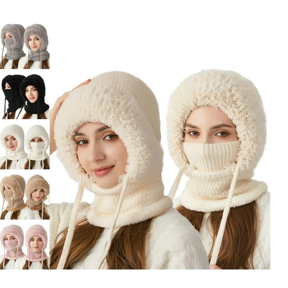 3 in 1 Beanie Hat for Women, 2025 New Outdoors Windproof Hat with Scarf and Mask Beige Free