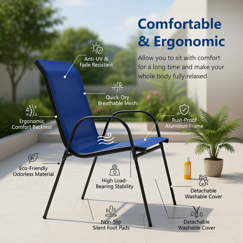 Hommoo 2-Pack Stackable Outdoor Dining Chairs with Armrests, Fabric, Grey Steel Frame, Ergonomic Patio Seating for Backyard, Deck & Balcony, Navy