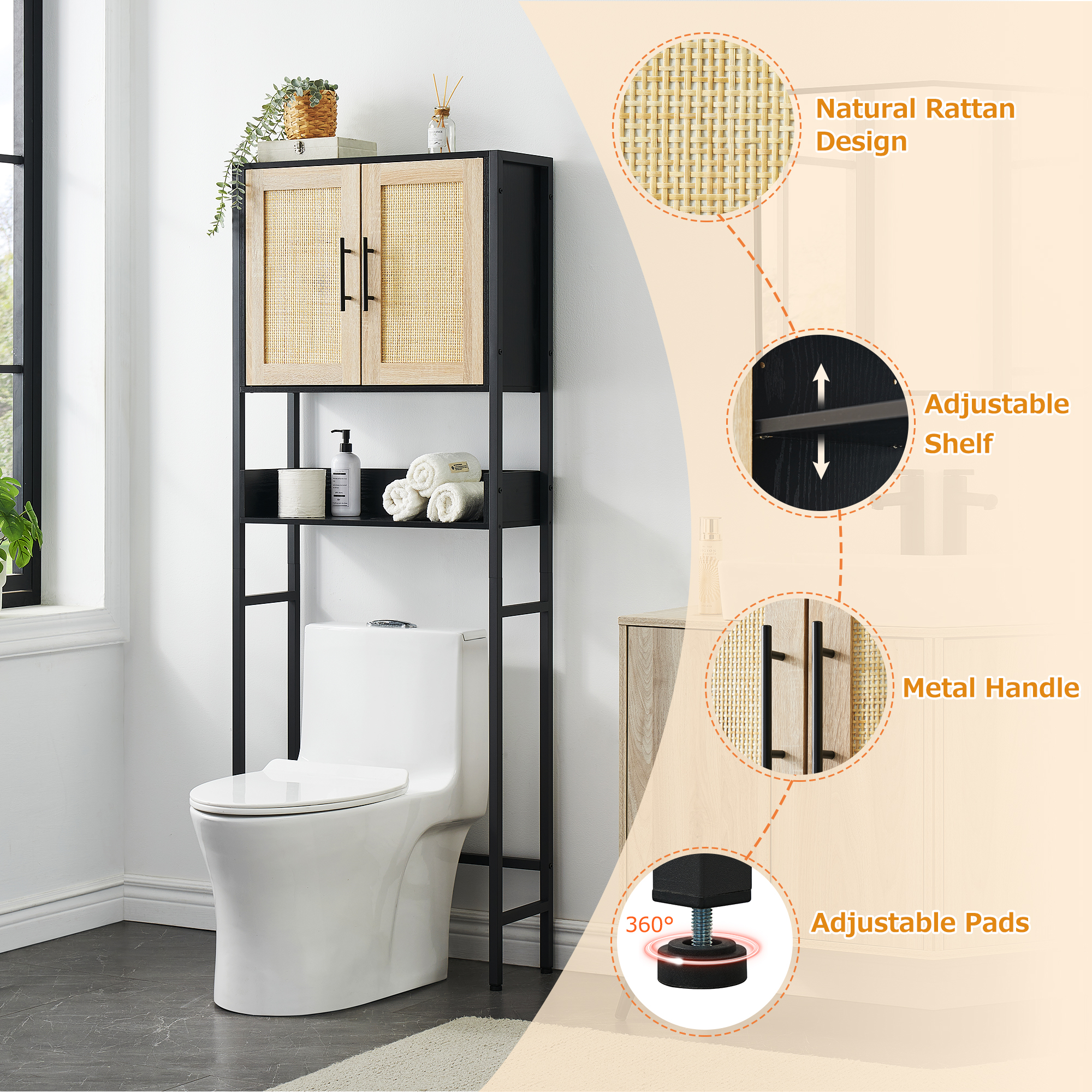 Rattan Toilet Storage Cabinet With Adjustable Shelves - Freestanding Bathroom Organizer With 2 Doors, Black