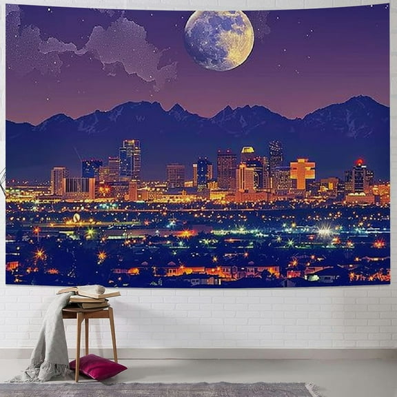 PRATYUS Tapestry Phoenix Arizona Skyline Night Full Moon Home Decoration Wall Can Be Hung in The Dormitory Living Room Bedroom 40x30inch