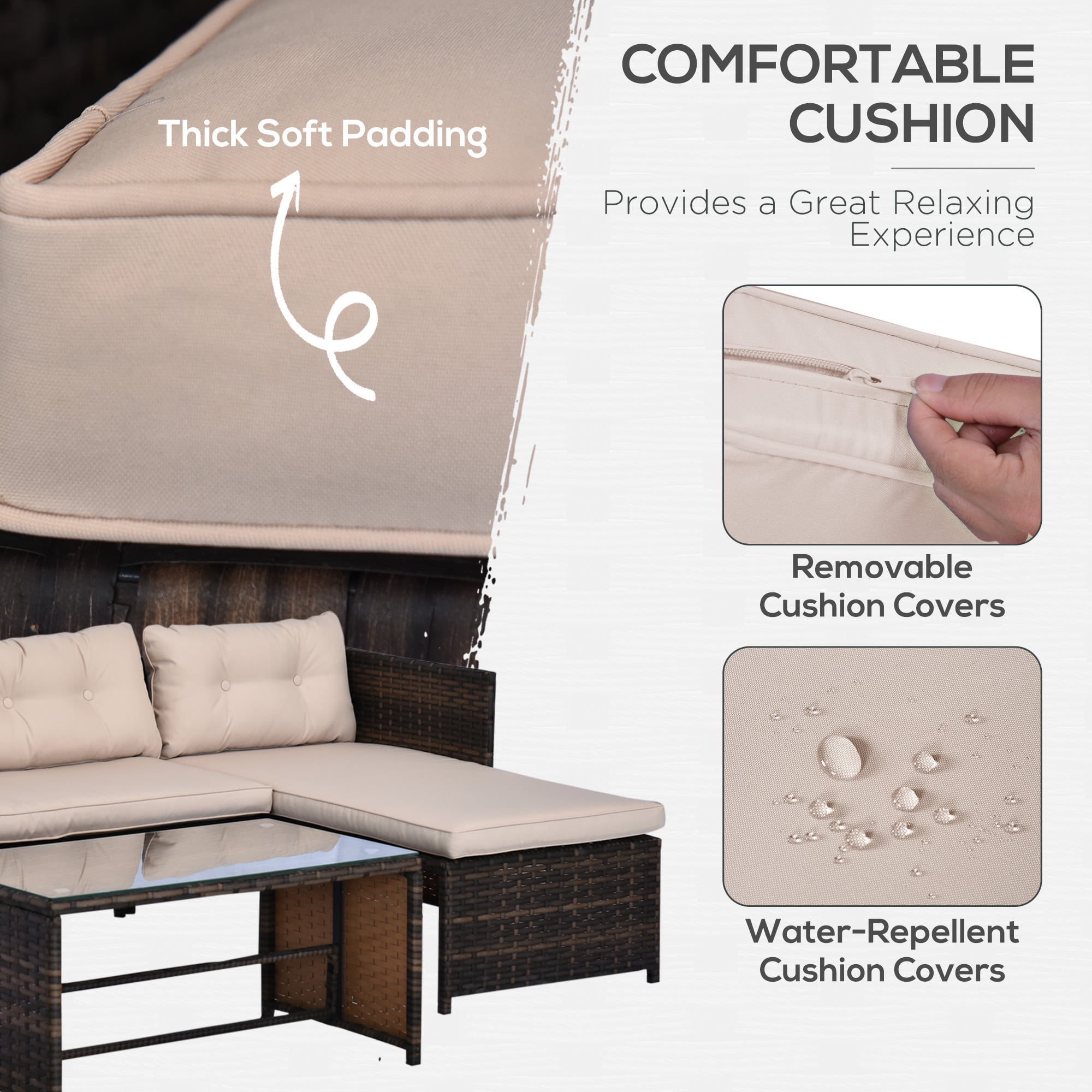 Outsunny 3 Piece Patio Furniture Set, Rattan Outdoor Sofa Set with Chaise Lounge & Loveseat, Soft Cushions, Table, L-Shaped Sectional Couch, Beige