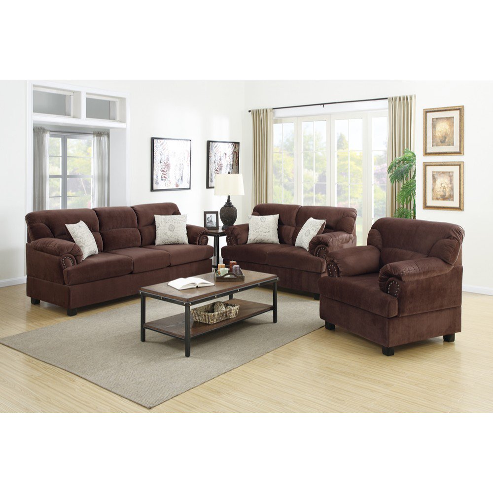 Microfiber 3 Piece Sofa Set In Chocolate Brown