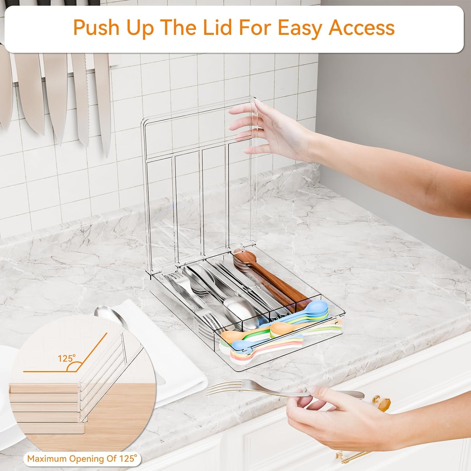 Clear Silverware Organizer with Lid - 9 inch Wide Small Drawer & Tray and Utensil Organizers Lid,BPA Free Plastic Flatware Drawers for Fork,Spoon