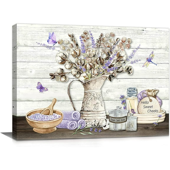 Farmhouse Bathroom Decor Wall Art Rustic Cotton Lavender Bathroom Pictures Canvas Print Country Bathroom Sign Artwork Modern Home Decor for Bathroom Framed Ready to Hang 12"x16"