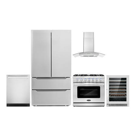 Cosmo 5 Piece Kitchen Appliance Packages with 36  Freestanding Gas Range 36  Wall Mount 24  Built-in Fully Integrated Dishwasher French Door Refrigerator &amp; 48 Bottle Wine Refrigerator