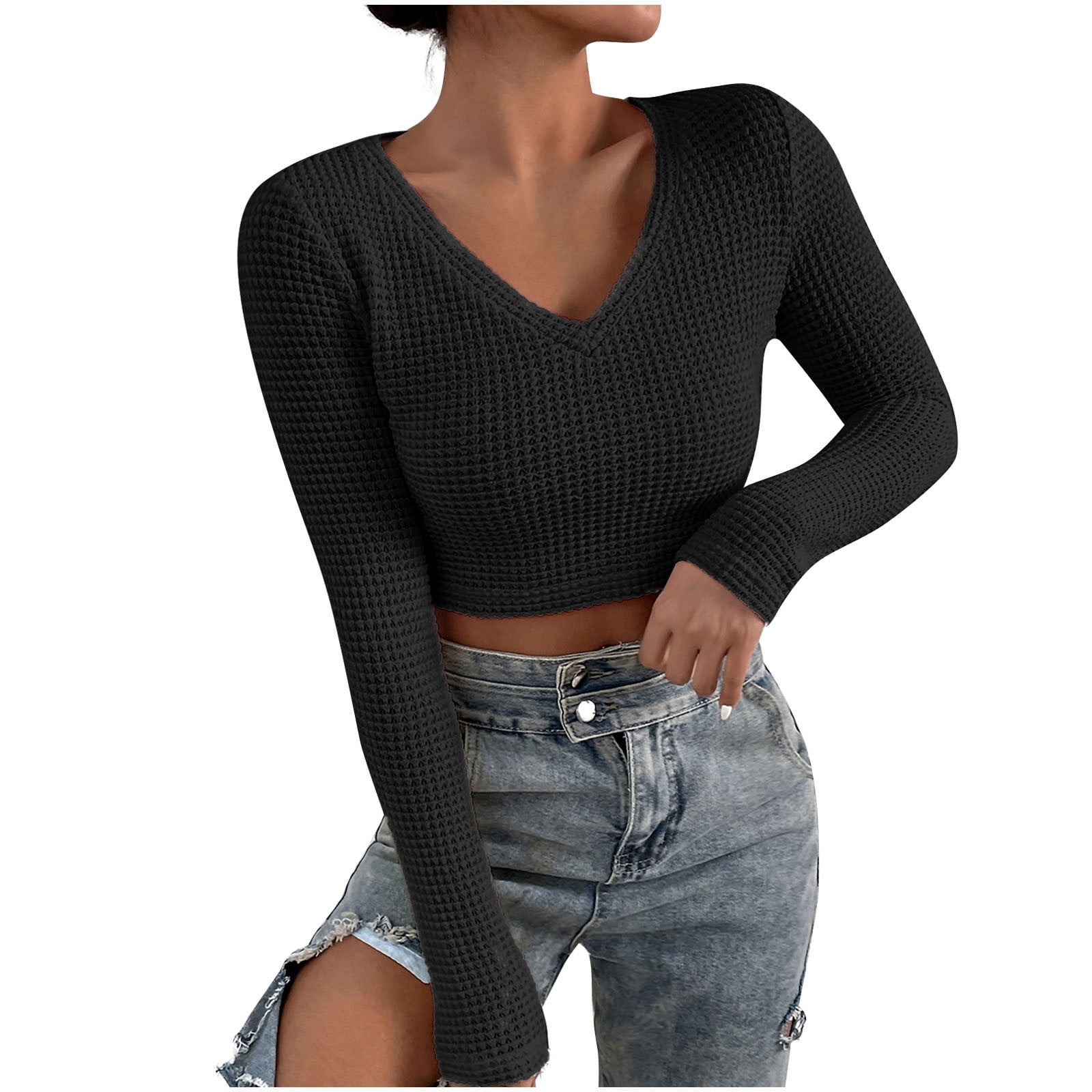JGGSPWM Womens Waffle Knit Crop Tops Y2ktops Tee Shirts Spring Blouse  Pullover Solid Long Sleeve Tunic V Neck Slim Fit Tshirt Black S