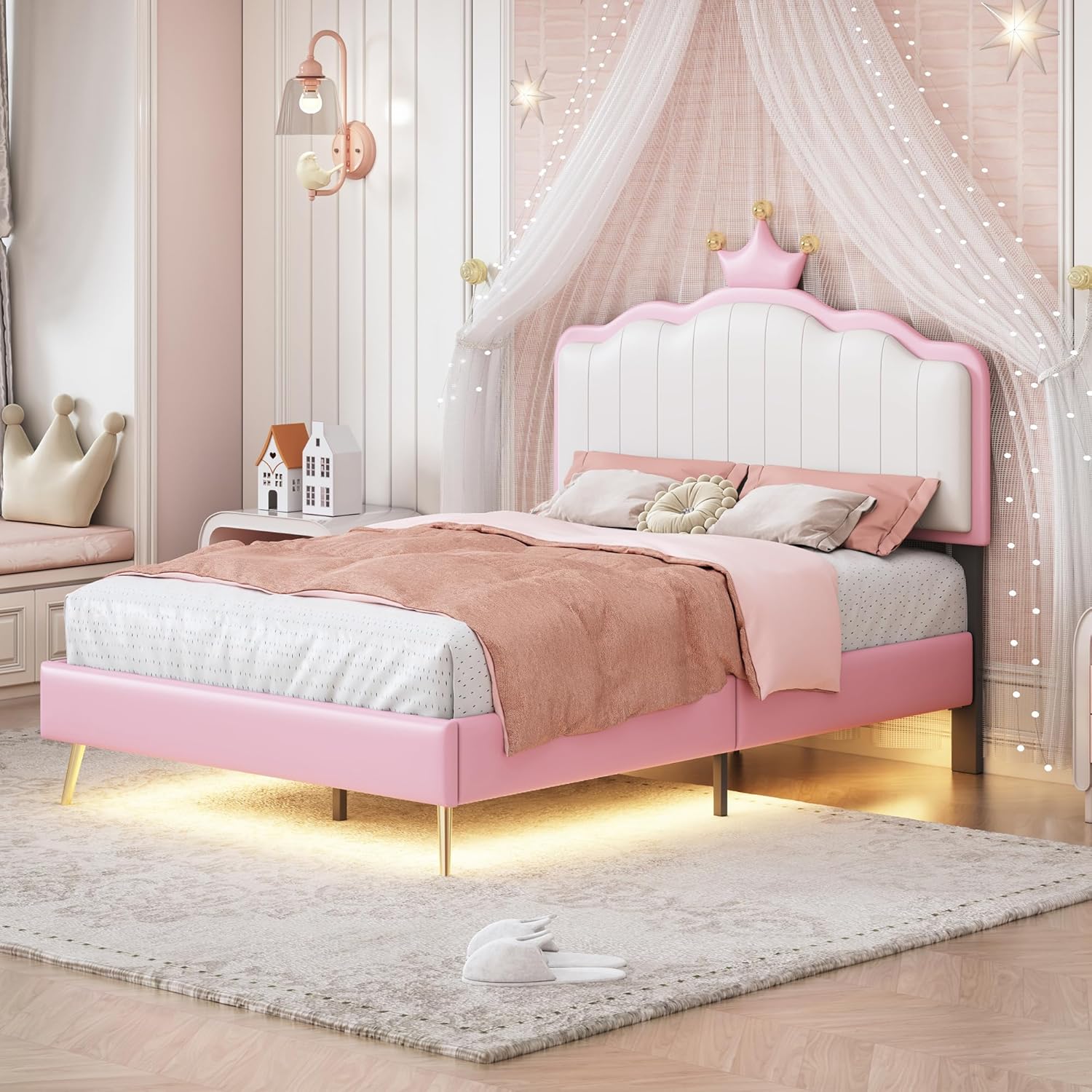 LIFEI Twin Upholstered Princess Bed with LED Lights, Modern Princess Bed with Crown Headboard, LED Platform Bed with Wooden Slats Support for Kids Teens Girls, Pink