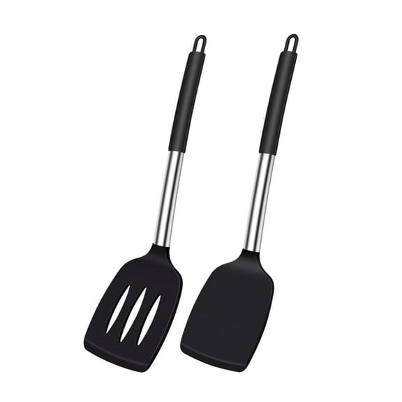MDLL 2 Silicone Spatula Set,Heat Resistant Non Stick Silicone Solid & Slotted Turner for Fish,Eggs,Pancakes (Black)