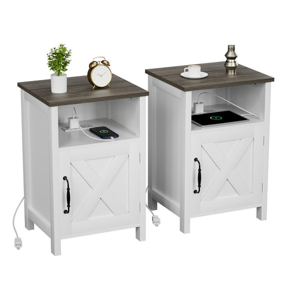 Farmhouse Nightstand with Charging Station, Modern Bedside Table Set of 2 with Barn Door and Shelf, Rustic Sofa Side End Table Side Table, Dresser for Bedroom, Living Room (White,2)
