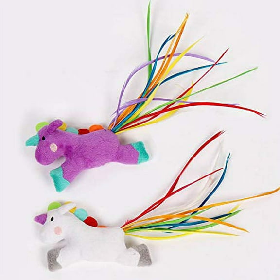 Cat Toys Choose Fun Rainbow Unicorn Wicker Ball Feather Flamingo Spinner Rounds (Unicorn - 2 Pack)